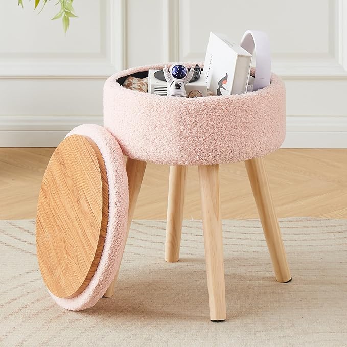 Mxfurhawa Storage Ottoman Foot Stool Teddy Velvet Round Vanity Stool Tray Top by Mxfurhawa
