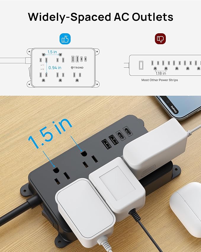 TROND 360° Rotating Flat Plug Power Strip, 5 Widely-Spaced Outlets - Image 5