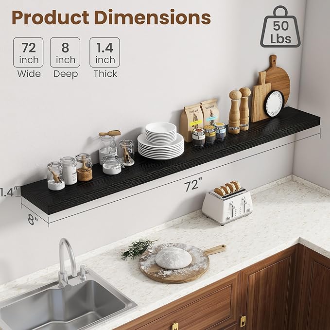 72 Inch Floating Shelves for Wall, 8 Inch Deep Floating Shelf for Storage & - Image 3