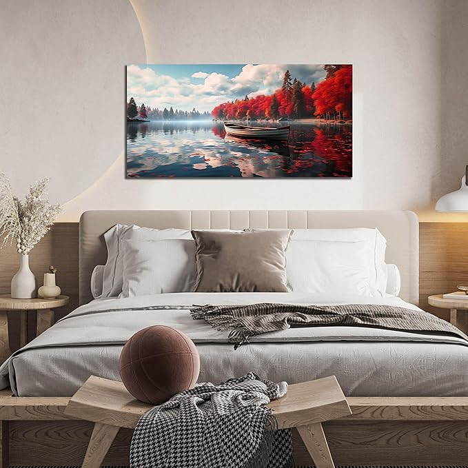 Large Wall Art for Living Room Bedroom Office Red Forest Wall Art Lake - Image 2