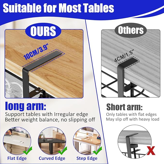 REFLYING Under Desk Cable Management Tray, Metal Long Arms, No Drill Mesh Cable - Image 2