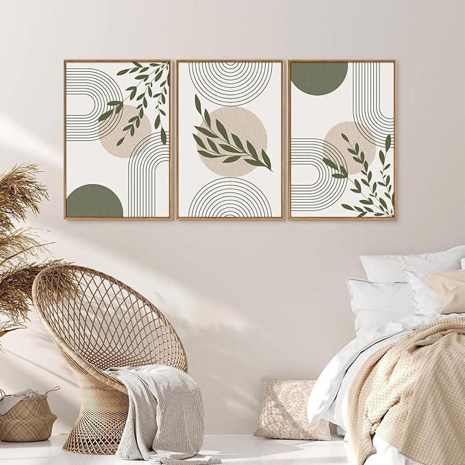 Yeehomedec Boho Sage Green Framed Canvas Wall Art, Mid Century Modern Wall Decor - Image 4