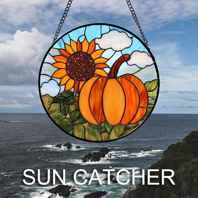 DASTOLL Stained Glass Window Hanging Fall Farm Scenery Sunflower Pumpkin Large - Image 2
