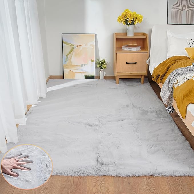 Washable Area Rugs 5x7 Rugs for Living Room Silver Grey Faux Rabbit Fur Rug for by ORINOVA