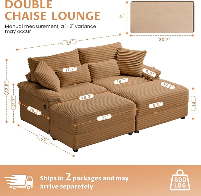 SUNWAVE 74" Double Chaise Lounge Chair Indoor, Oversized Loveseat - Image 2
