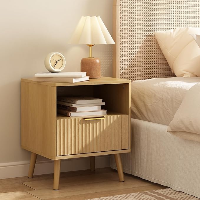 CARPETNAL Fluted Nightstand Set of 2, Oak Bedside Table - Image 3