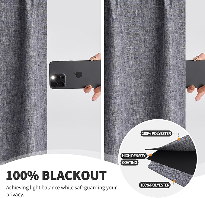 WdFour Small Pinch Pleated, Full Blackout Linen Look Window Curtains - Image 4