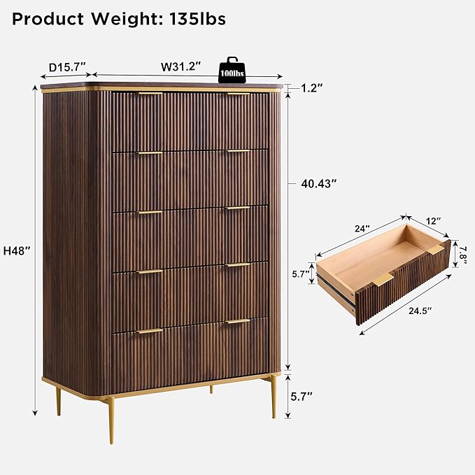 T4TREAM Fluted 5 Drawers Dresser - Image 2