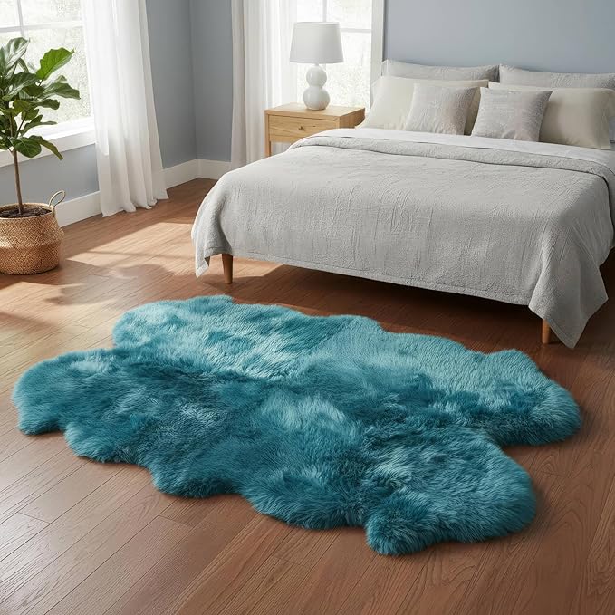 Beach Blue Genuine Sheepskin Rug 4x6 ft, Real Fluffy Quad Pelt Fur Area Rug - Image 3