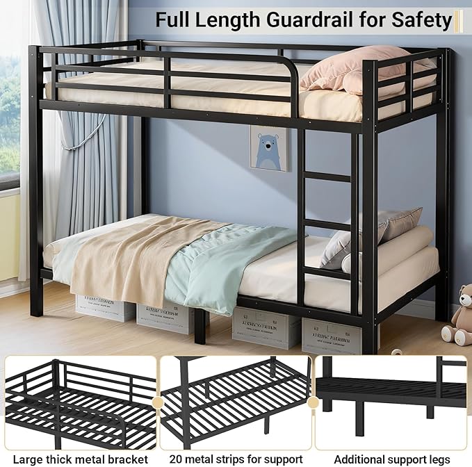 Twin Over Twin Bunk Bed Frame, Heavy Duty Metal Loft Bed - Image 3