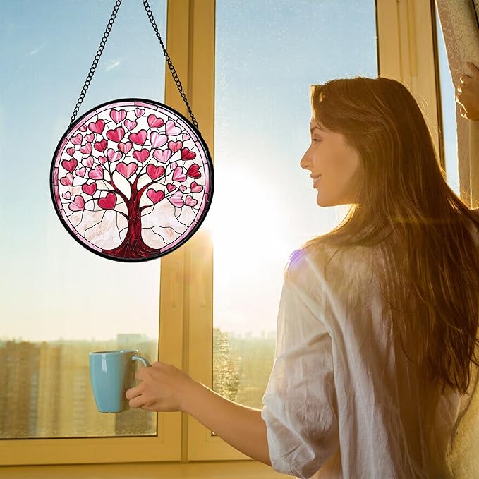 DASTOLL Stained Glass Window Hanging, Valentine's Day Gifts Pink Love Heart - Image 2