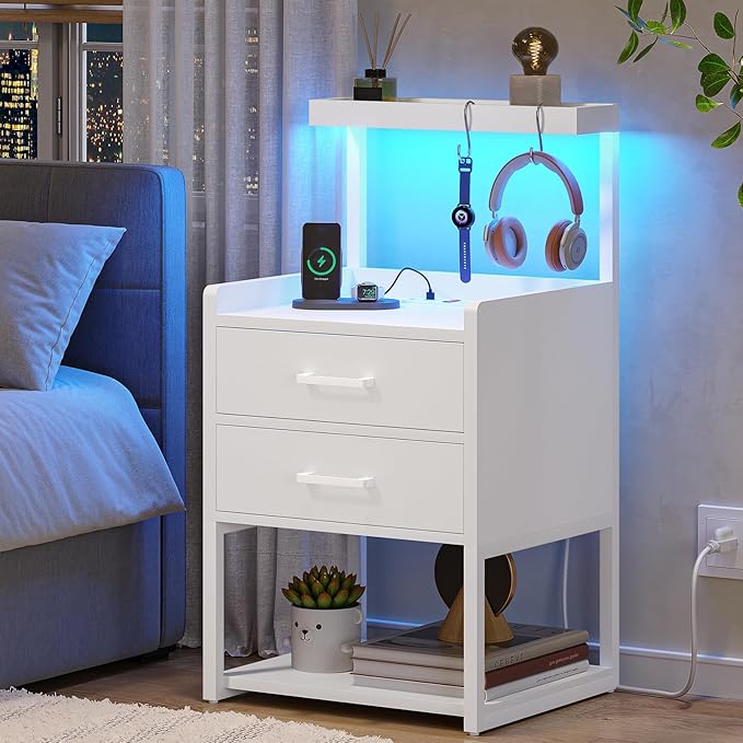VIAGDO Nightstand with Charging Station and LED Lights, Modern End Side Tables by VIAGDO