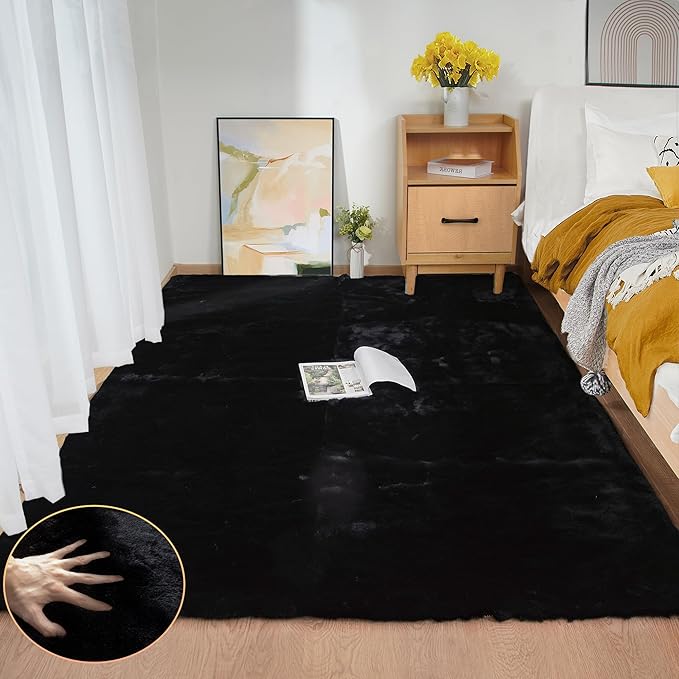 Black Fluffy Rug 5x7 Area Rugs for Bedroom Fuzzy Rabbit Washable Fur Rugs for by ORINOVA