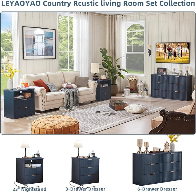 LEYAOYAO 48" Wide Fluted Dresser and 3 Drawers 23" Nightstand Set of 2 - Image 4