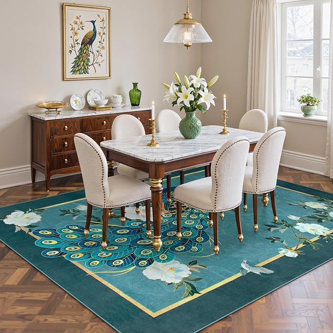 Lahome Peacock Washable Rugs 5x7, Soft Blue Rug - Image 4