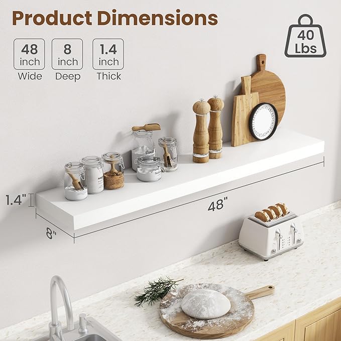 48 Inch Floating Shelves for Wall, 8 Inch Deep Floating Shelf for Storage & - Image 3