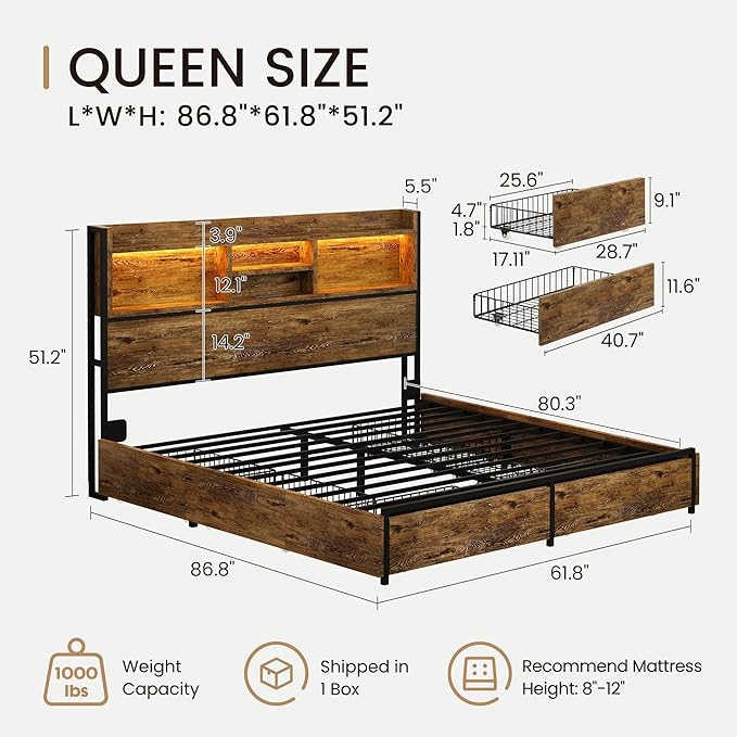 Queen Storage Bed Frame with 6 Drawers, USB Charging Station, No Noise - Image 2