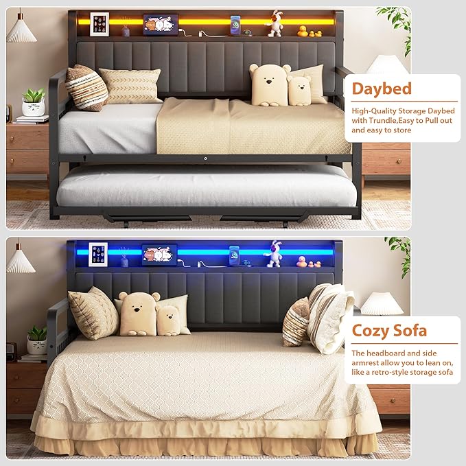 Daybed with Trundle and LED Light, Heavy Duty Metal Full Bed Frame with - Image 8