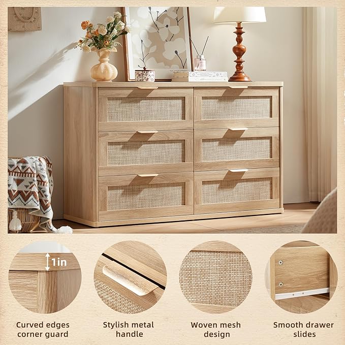 LEYAOYAO Rattan Dresser and Nightstand Set of 3, Boho Wood Dresser - Image 4
