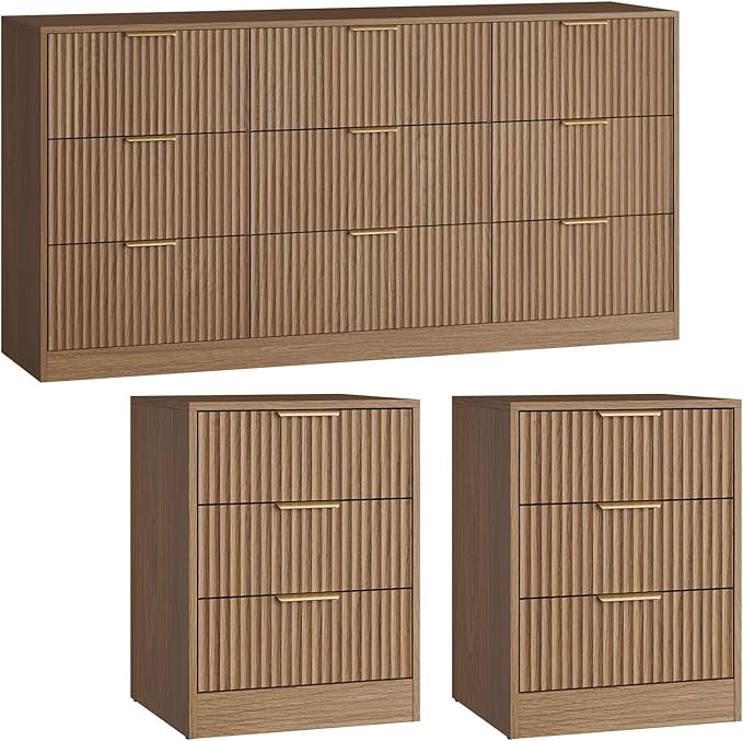 Fluted Dresser & 3 Drawer Nightstand Set 3-Piece, 63” Long 9 Drawer Dresser and - Image 8