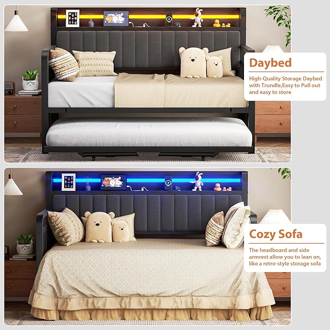 Daybed with Trundle and LED Light, Heavy Duty Metal Twin Bed Frame with - Image 8