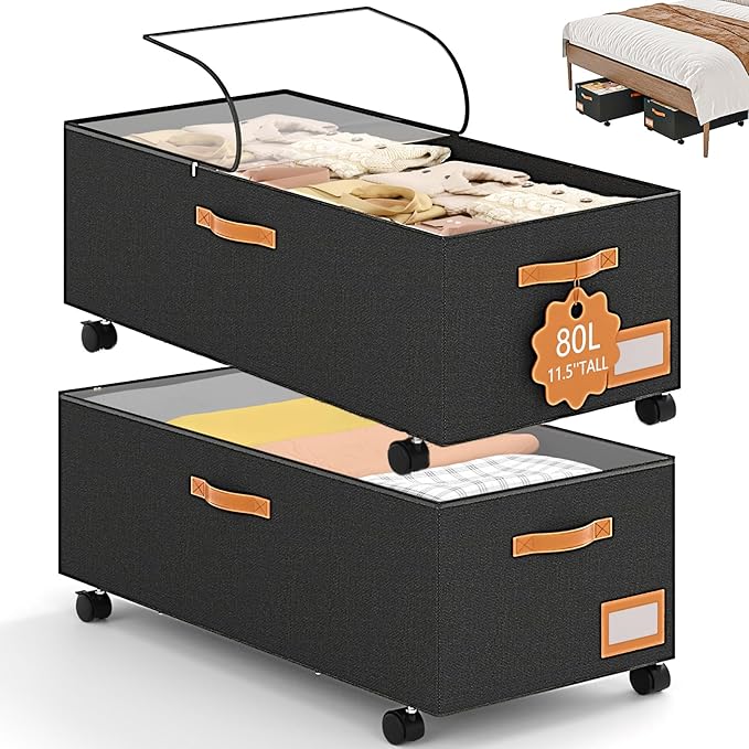 Under Bed Storage with Wheels, 12inch Tall Under Bed Storage XXL 80L, Under Bed by Unknown