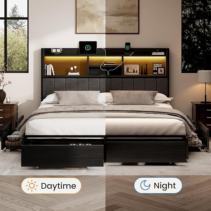 King Bed Frame with 6 Storage Drawers, Linen Upholstered Headboard, Built-in - Image 6