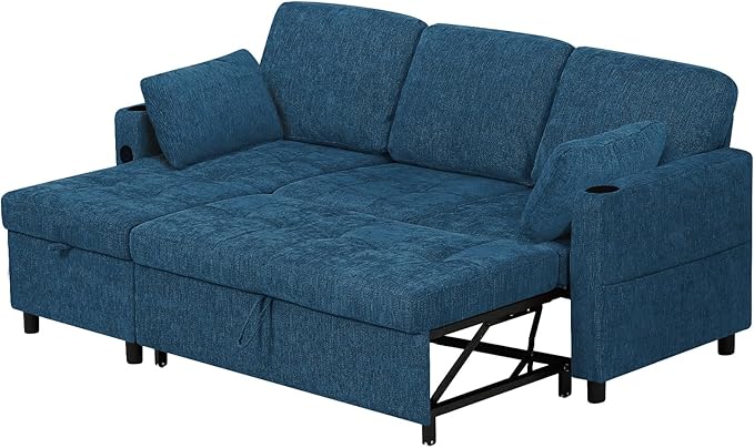 84" Chenille Pull Out Sofa Bed w/Adjustable Backrest, L-Shape Modern Sleeper - Image 9