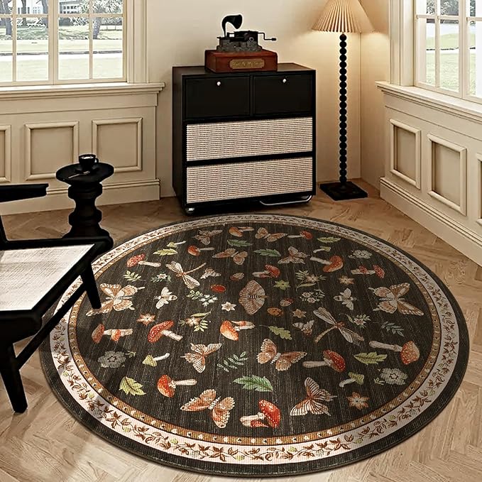 Mushroom Insect 5ft Round Rug Washable Non-Slip Soft Ultra-Thin Small Boho - Image 2