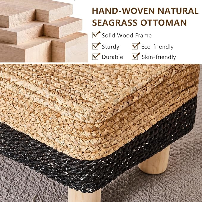 Wimarsbon Natural Seagrass Footstool Ottoman Rectangular Footrest Pouf Ottomans - Image 4