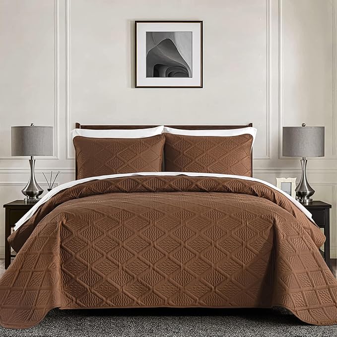 Yiran Brown Quilt Set King Size, 3 Piece Reversible Bedspreads Bedding Set - Image 2