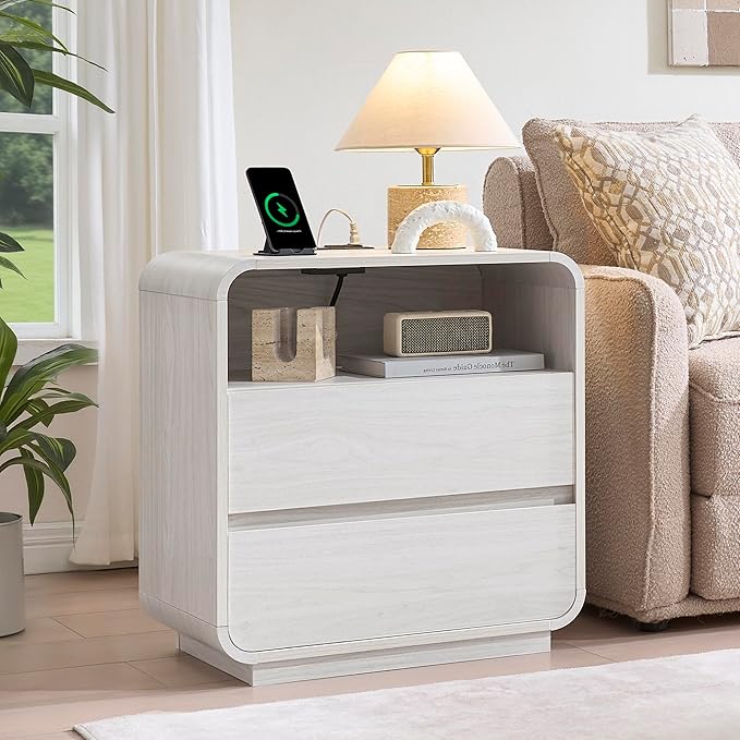White Nightstand with Charging Station, Modern End Table with 2 Storage Drawers - Image 8