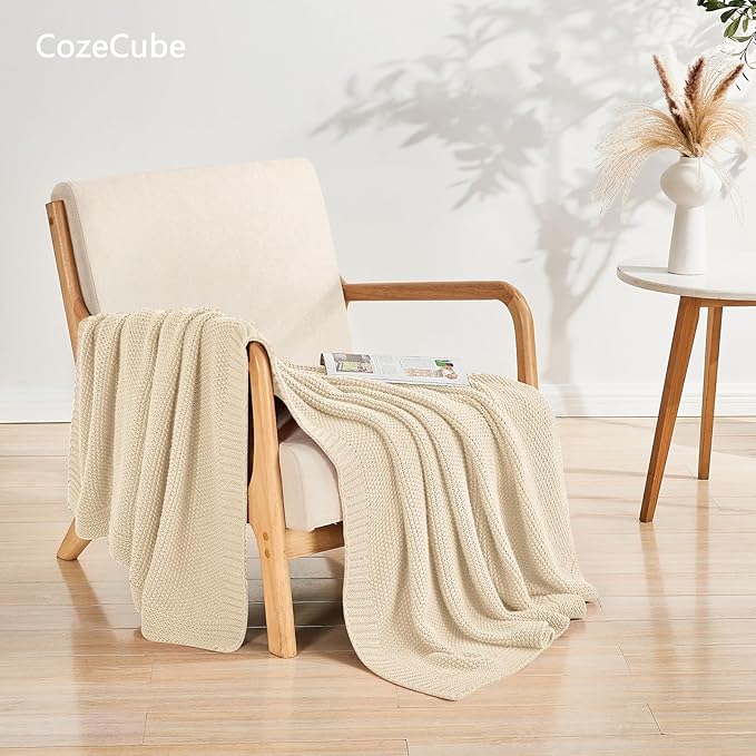 CozeCube Beige Throw Blanket for Couch, Soft Cozy Cable Knit Throw for Bed Sofa - Image 2