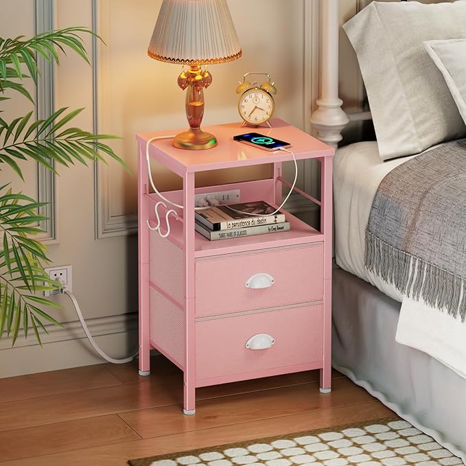 Furologee Nightstand with Charging Station, Night Stand with 2 Fabric Drawers - Image 2