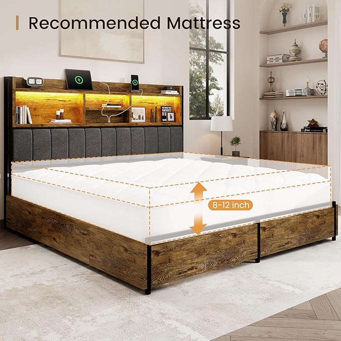 King Bed Frame with 6 Storage Drawers, Linen Upholstered Headboard, Built-in - Image 8