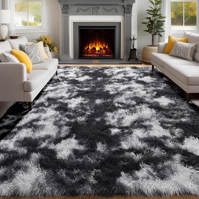 PAGISOFE Black White Grey Rugs for Living Room 5x8, Shag Fuzzy Fluffy - Image 4