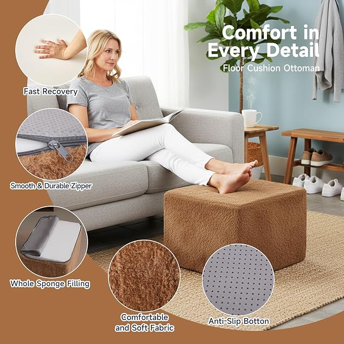 Tiita Pouf Ottoman and Foot Rest, Square Foam Stuffed Floor Pouf - Image 4