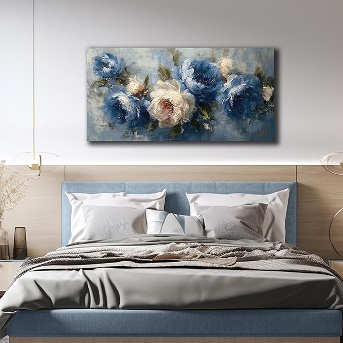 JuhaiArt Blue Wall Art Bedroom Large Flower Canvas Wall Decor Peony Floral - Image 2