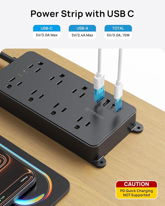TROND 360° Rotating Plug Power Strip, ETL Listed, Flat Plug 10ft Extension Cord - Image 5