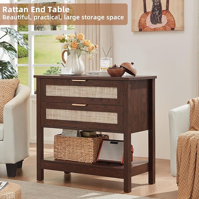 LEYAOYAO 31.5" Wide Rattan Night Stand, Oversized Large Walnut Nightstand - Image 3