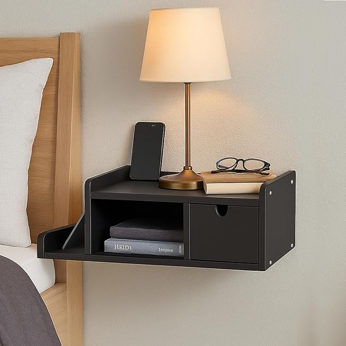 Floating Nightstand with Drawer & Shelf, Wall Mounted Bedside Table - Image 2