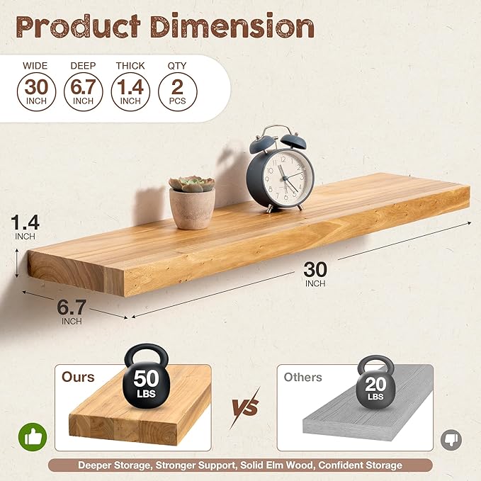 fuqing Floating Shelves for Wall, 30 inch Rustic Solid Elm Wood Floating Shelves - Image 3
