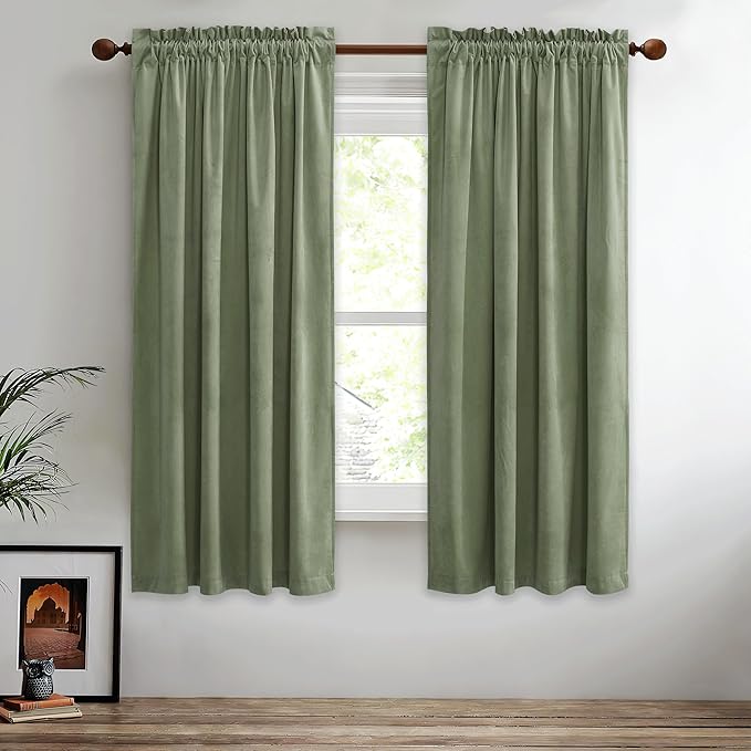 StangH Sage Green Small Window Curtains 63 inches Long, Thick Warming Velvet by StangH