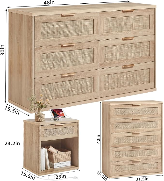 LEYAOYAO Rattan Dresser and Nightstand Set of 3, Boho Wood Dresser - Image 3