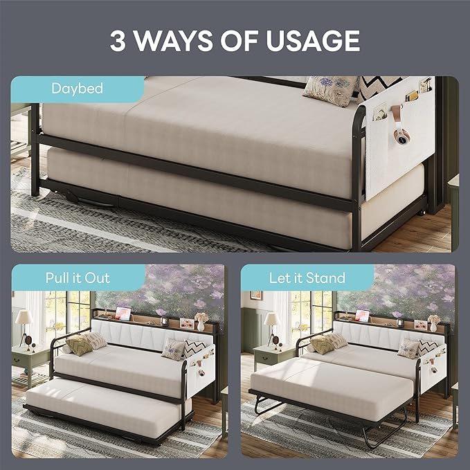 LIKIMIO Daybed with Trundle Bed, Twin Bed Frame with Storage Headboard and - Image 4