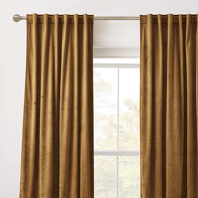 RYB HOME Brown Velvet Curtains 102 inches, Back Tab Soft Fabric Light Blocking - Image 2