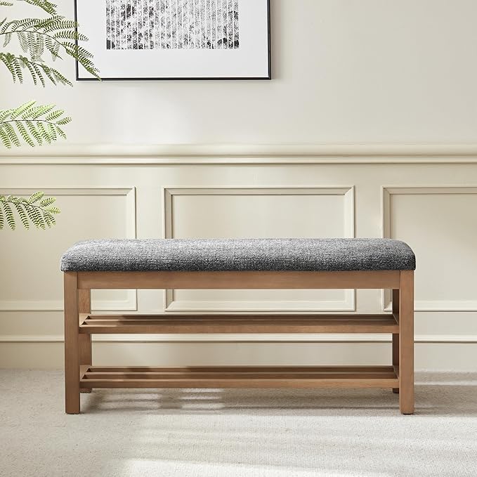 VKNOW 44.3” Wooden Entryway Bench, 2-Tier Upholstered Shoe Bench - Image 6