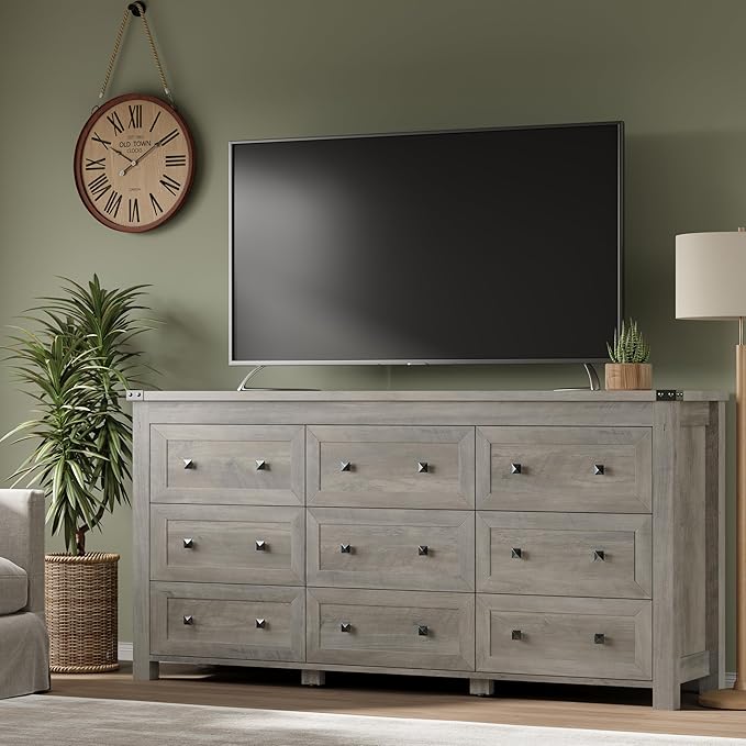BORNOON 9-Drawer Dresser, Modern Wooden Storage Chest of Drawers, Dresser TV - Image 5