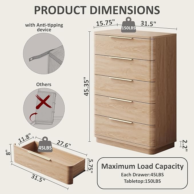 5 Drawer Dresser for Bedroom, Curved Profile Design, Wooden Closet - Image 2