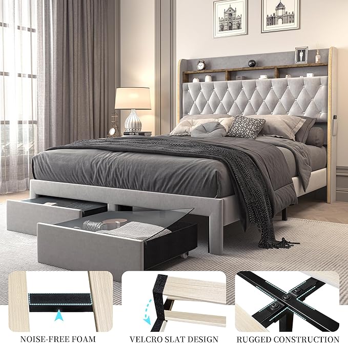 Queen LED Bed Frame with Storage Drawers, Velvet Upholstered Platform Beds with - Image 8